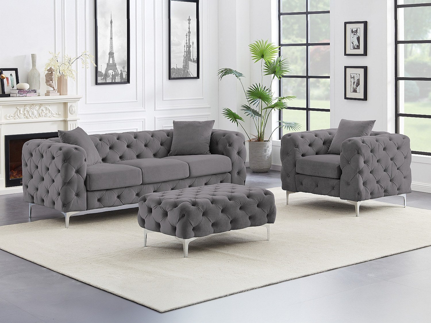Chesterfield Chaise Longue In Velluto Grigio - Recamiere Inglese LADY WINDSOR, Legno Massiccio, Dimensioni 170x60x80 Cm, Consegna Su Appuntamento