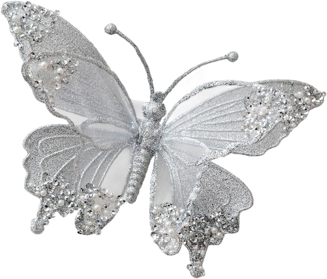 Szt. 25x15 cm Srebrny motyl ozdoba choinkowa z siatki odpornej na stłuczenie, brokatowe skrzydła, świąteczne akcesoria na imprezę