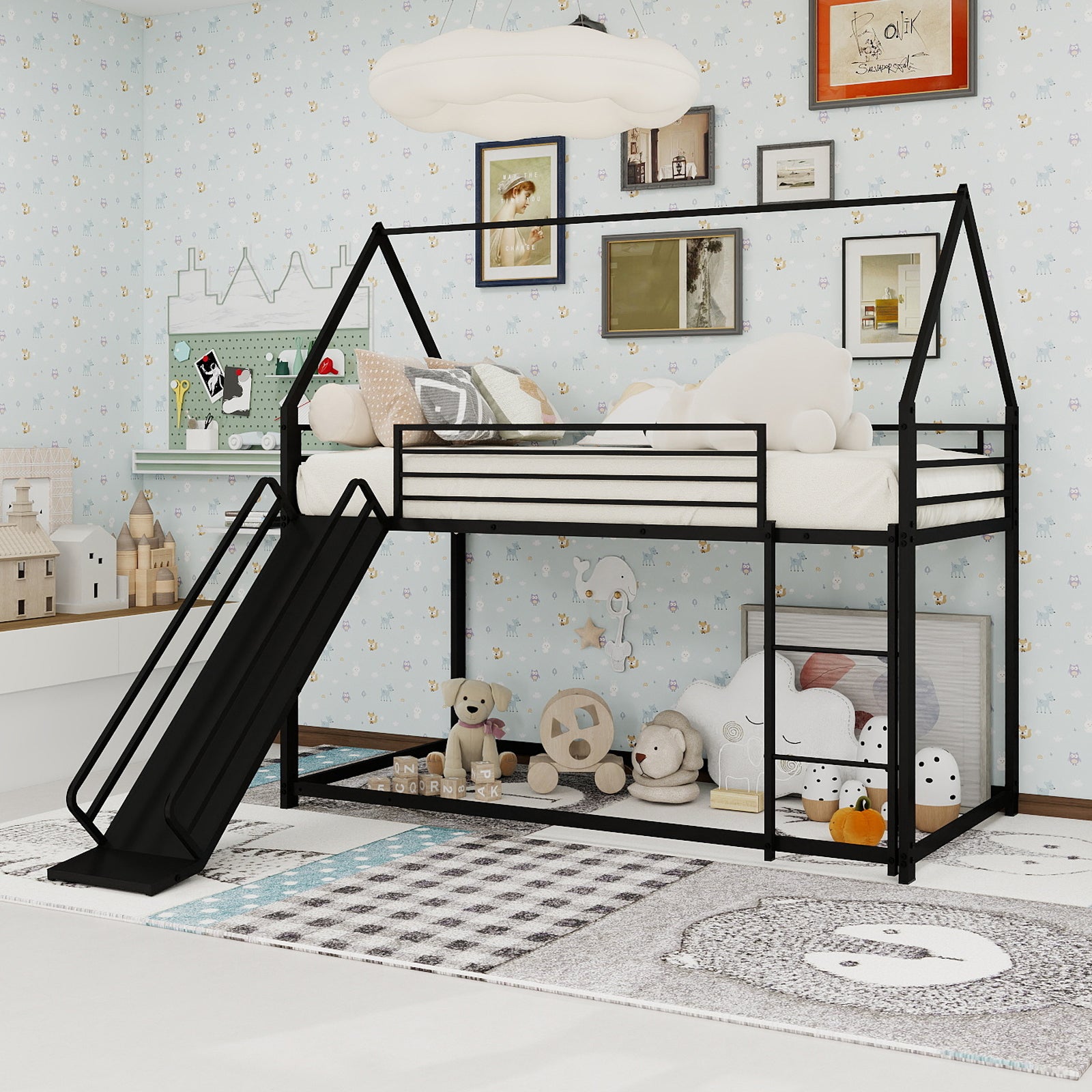 Lit superposé enfant avec toboggan, 90 x 190 cm, structure en métal ...