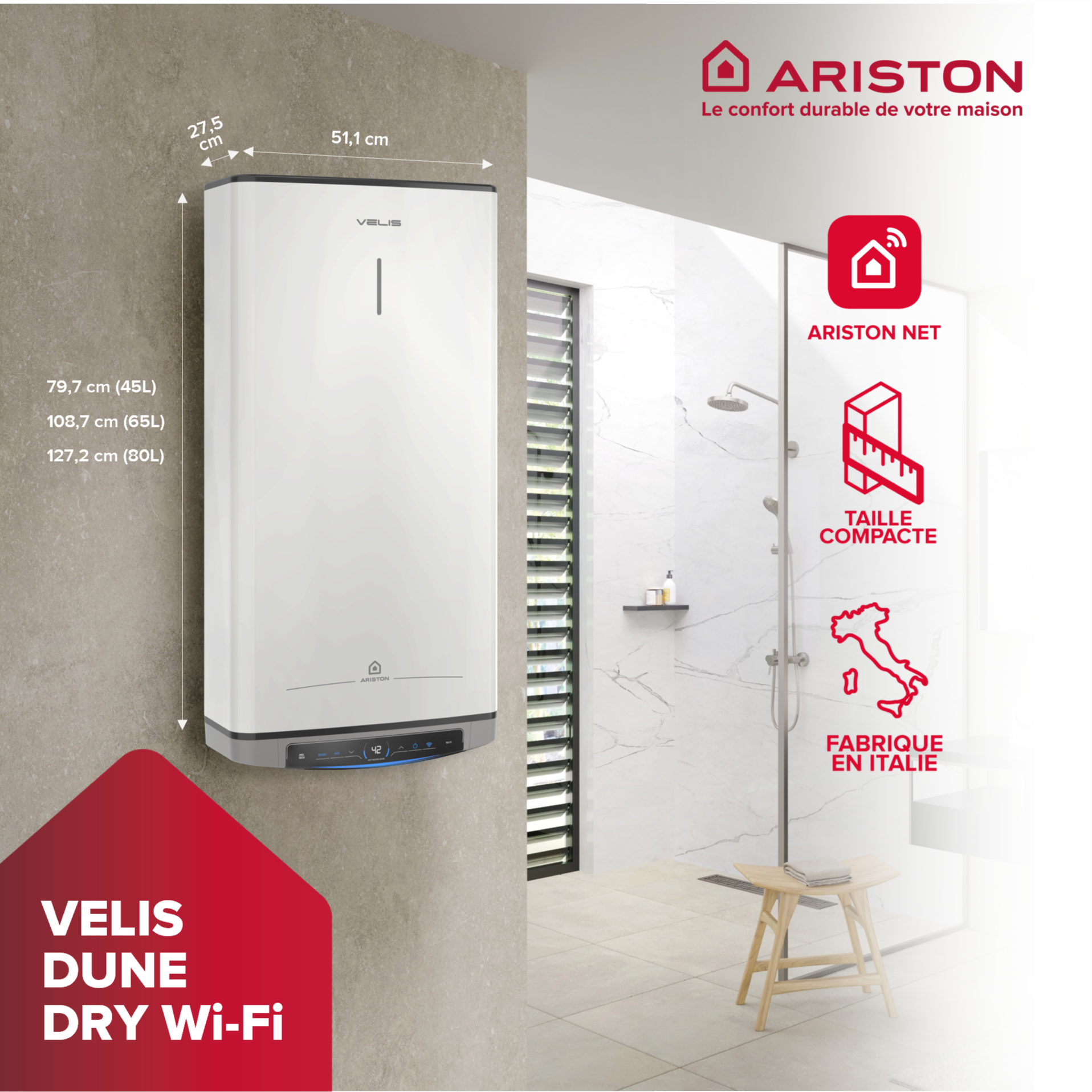 Ariston VELIS EVO DUNE DRY WIFI FE 65 l - Chauffe-eau électrique ultra plat 27cm multiposition - Pose verticale-horizontale - 4