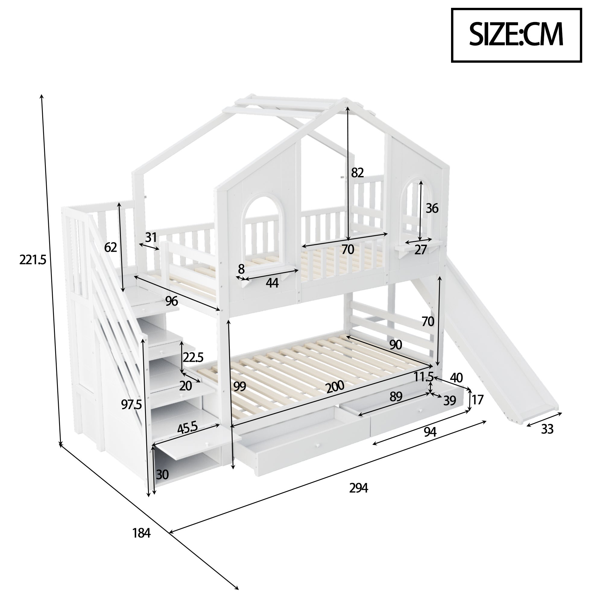 Łóżko piętrowe dziecięce 90x200 cm - Design domku - z drabinką schodkową + zjeżdżalnią - z 2 szufladami - biały (materac nie jest wliczony w cenę) - 4