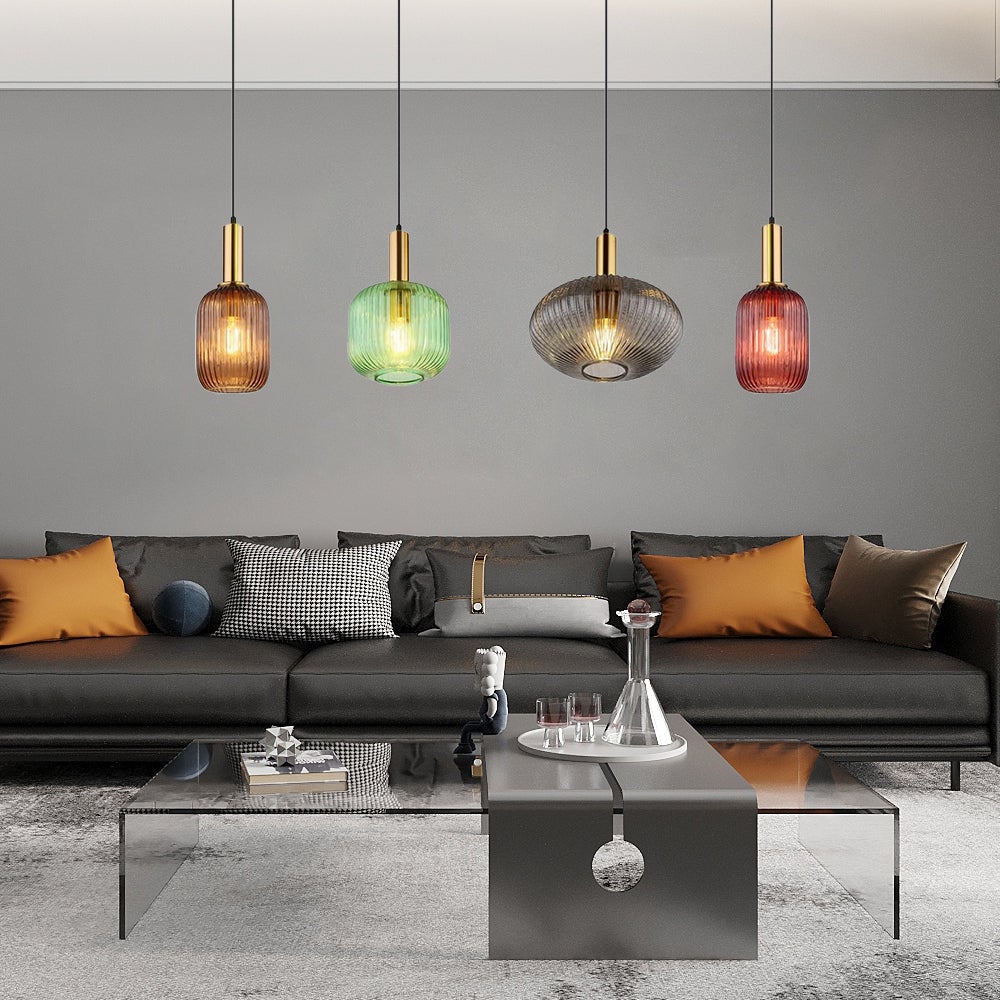 Suspension unique avec 3 abat-jours en verre cannelé, multicolore, diamètre 115 cm - 4