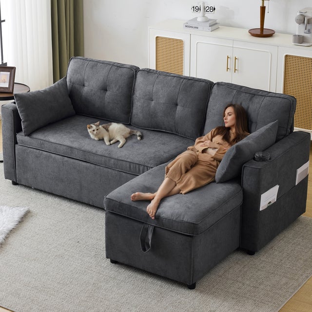Canapé-lit moderne en L avec fonction couchage, rangement, porte-gobelet, assise rembourrée et méridienne réversible gauche/droite