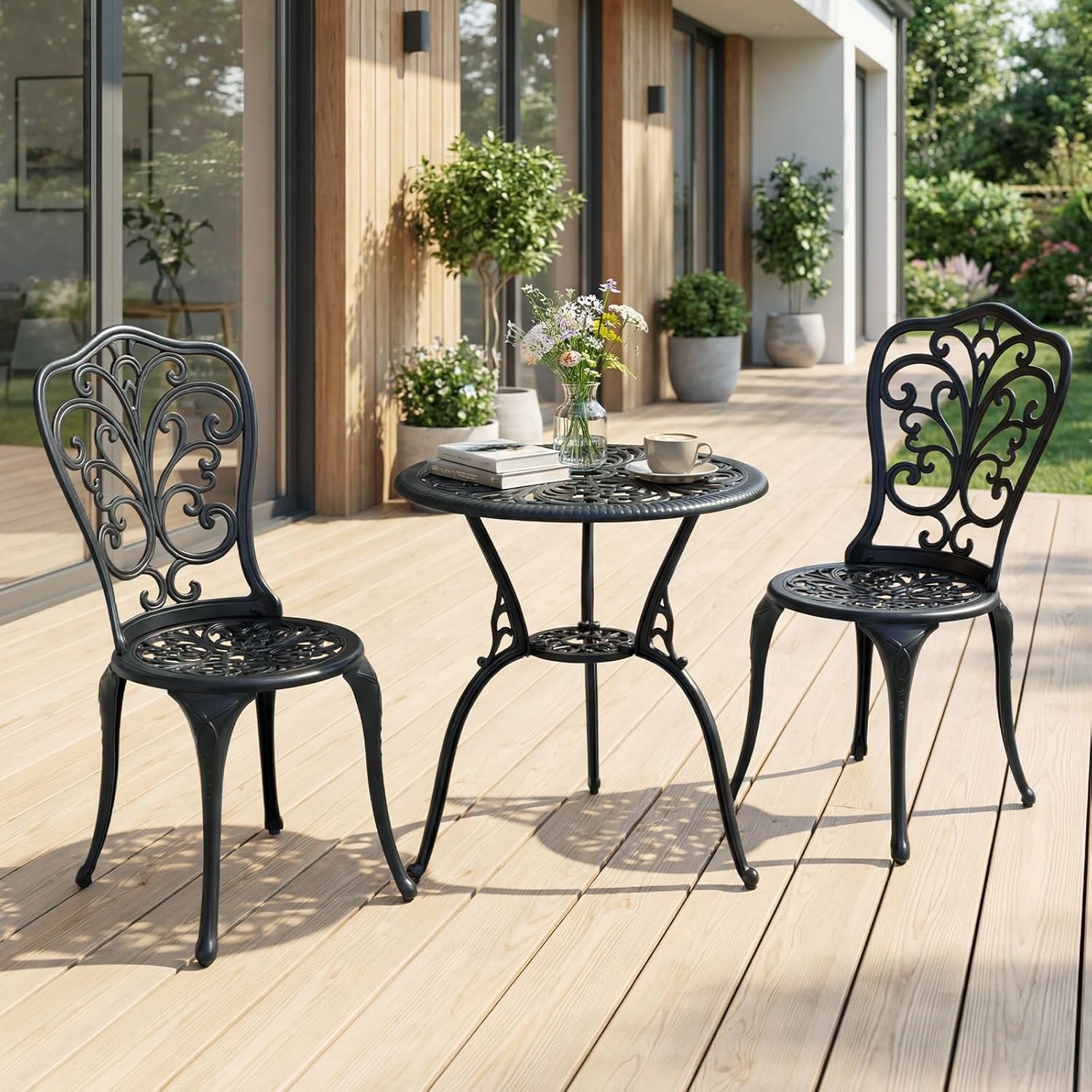 GIANTEX Sala Jardim 3Pcs em Alumínio Fundido, Conjunto Bistrô 2 Cadeiras e 1 Mesa Redonda,com Furo Guarda-sol, para Varanda Terraço Jardim, Preto - 2