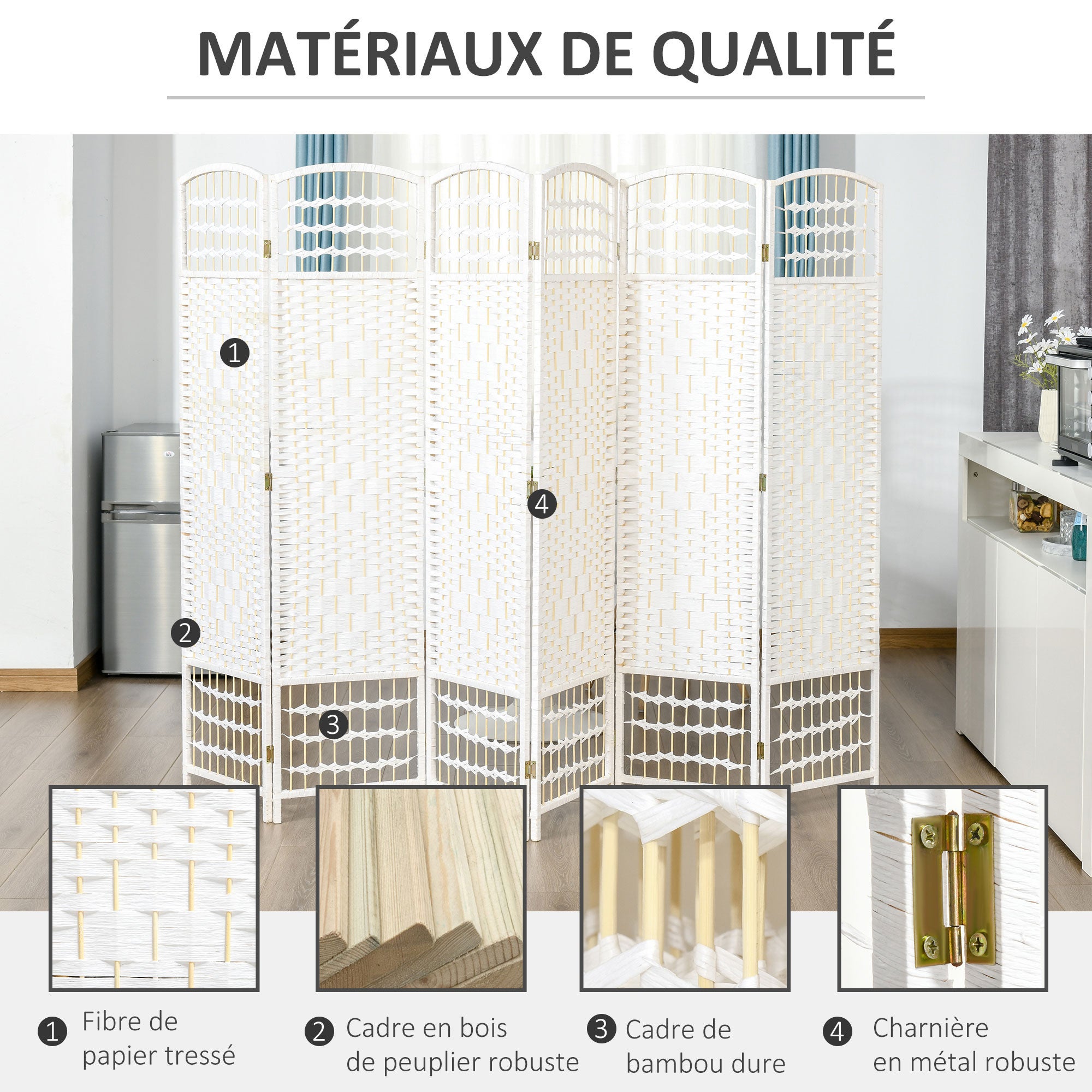 Paravent bois 242x170 cm séparateur pièce pliable 6 panneaux cloison chambre maison intérieur blanc - 7