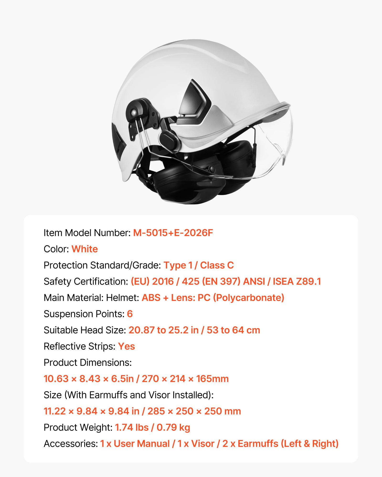 Casque de Sécurité Industriel VEVOR ABS Certifié ANSI/ISEA Z89.1 avec Visière, Cache-Oreilles et Suspension à Cliquet 6 Points Ajustable et Ventilée - 7