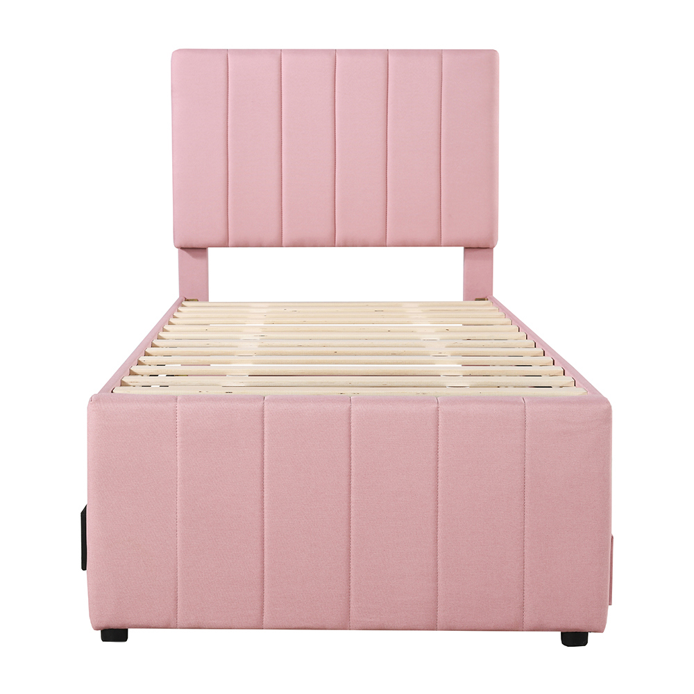 Lit simple 90 x 200 cm avec Lit gigogne 90 x 190 cm - 3 tiroirs - Tête de lit réglable - Tissu en lin - Rose - 5