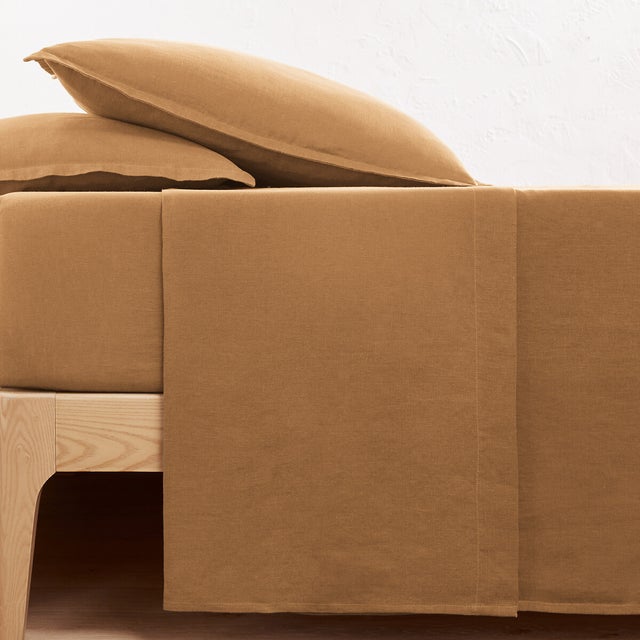 Drap plat uni en lin lavé, Linot - Caramel - 180 x 290 cm
