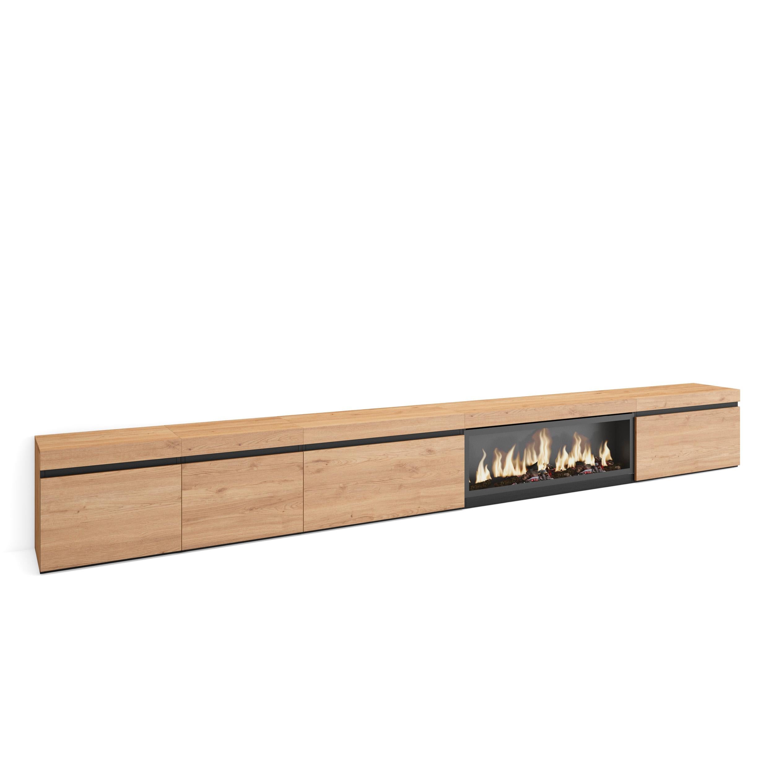 TV-Meubel, Lowboard, 317x45x35 cm, Elektrische haard XXL, Zwart