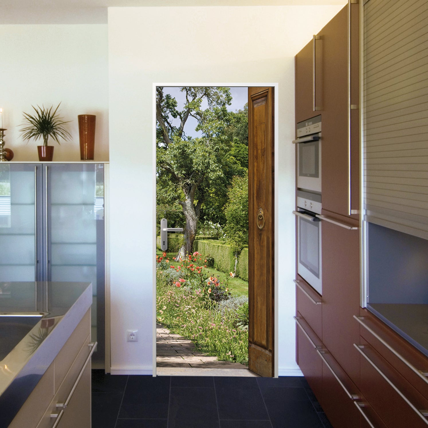 Vinilo para puerta, trampantojo de puerta de madera en un jardín de flores, camino pavimentado, 204 cm x 60 cm