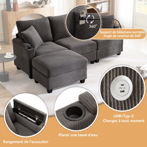 Canapé d'angle en L convertible 3 places avec repose-pieds,porte-gobelet,chargeur USB,rangement dans l'accoudoir et 2 coussins,idéal pour salon,b - 9
