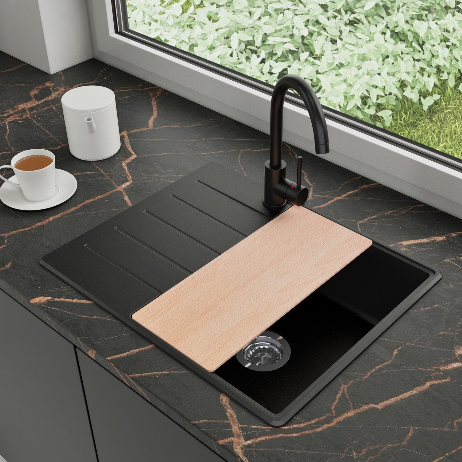 Zlewozmywak Granitowy 62x50cm, do szafki od 45cm + Bateria + Syfon + Deska - Ametyst Czarny STONESTYLE
