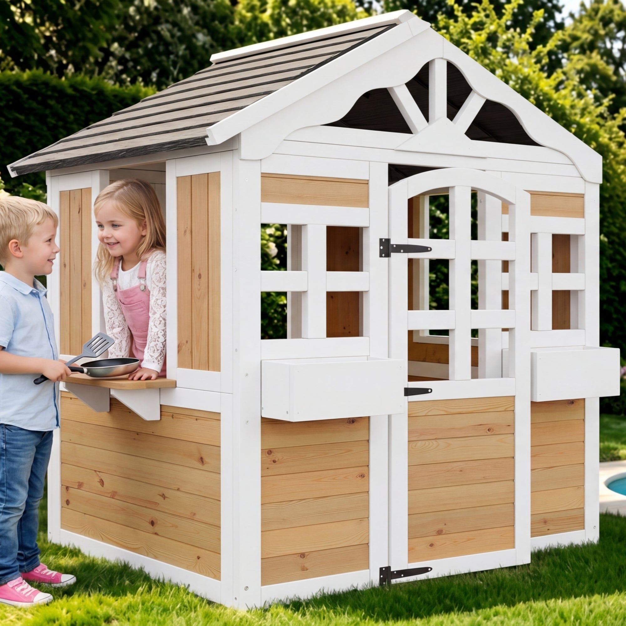 Maisonnette de jardin pour enfants en bois de sapin, cabane outdoor avec fenêtre de vente, jardinière et toit résistant, certifiée EN 71 - naturel - 4