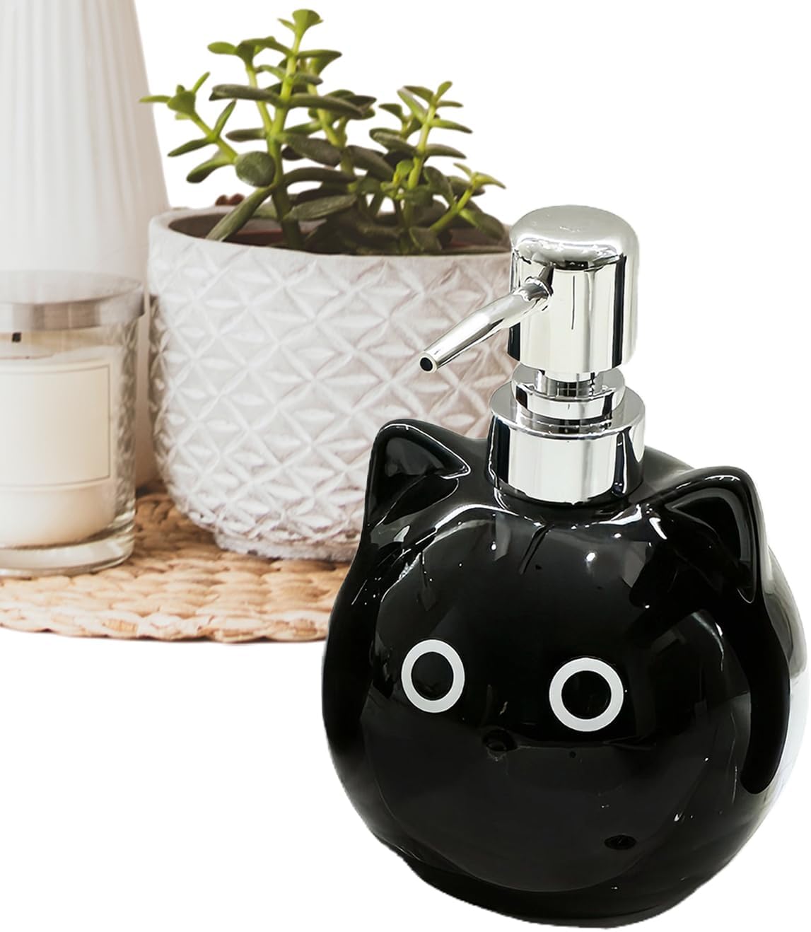 Dozownik do mydła w płynie – 480 ml, niekapiący, szczelny, wielokrotnego użytku, ceramiczny z motywem czarnego kota, na puste mydło do rąk | do szamp
