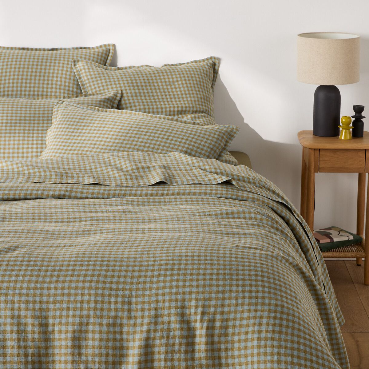 Housse de couette en lin lavé,Acélie olive/opaline - Vert olive/opaline