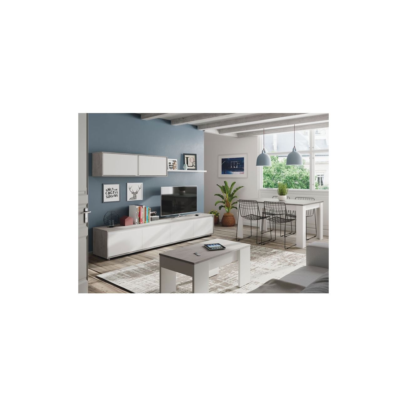 Table basse GOTHAM avec plateau relevable et rangement - Blanc / Béton - 8