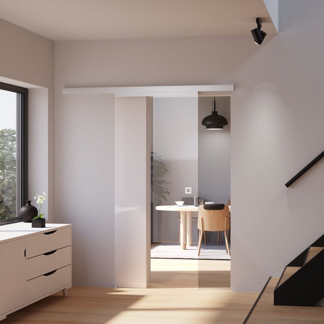 Kit porte coulissante aluminium verre transparent + rail H.203 x l. 88 cm, SCHULTE, porte coulissante intérieure vitrée - poignée carrée
