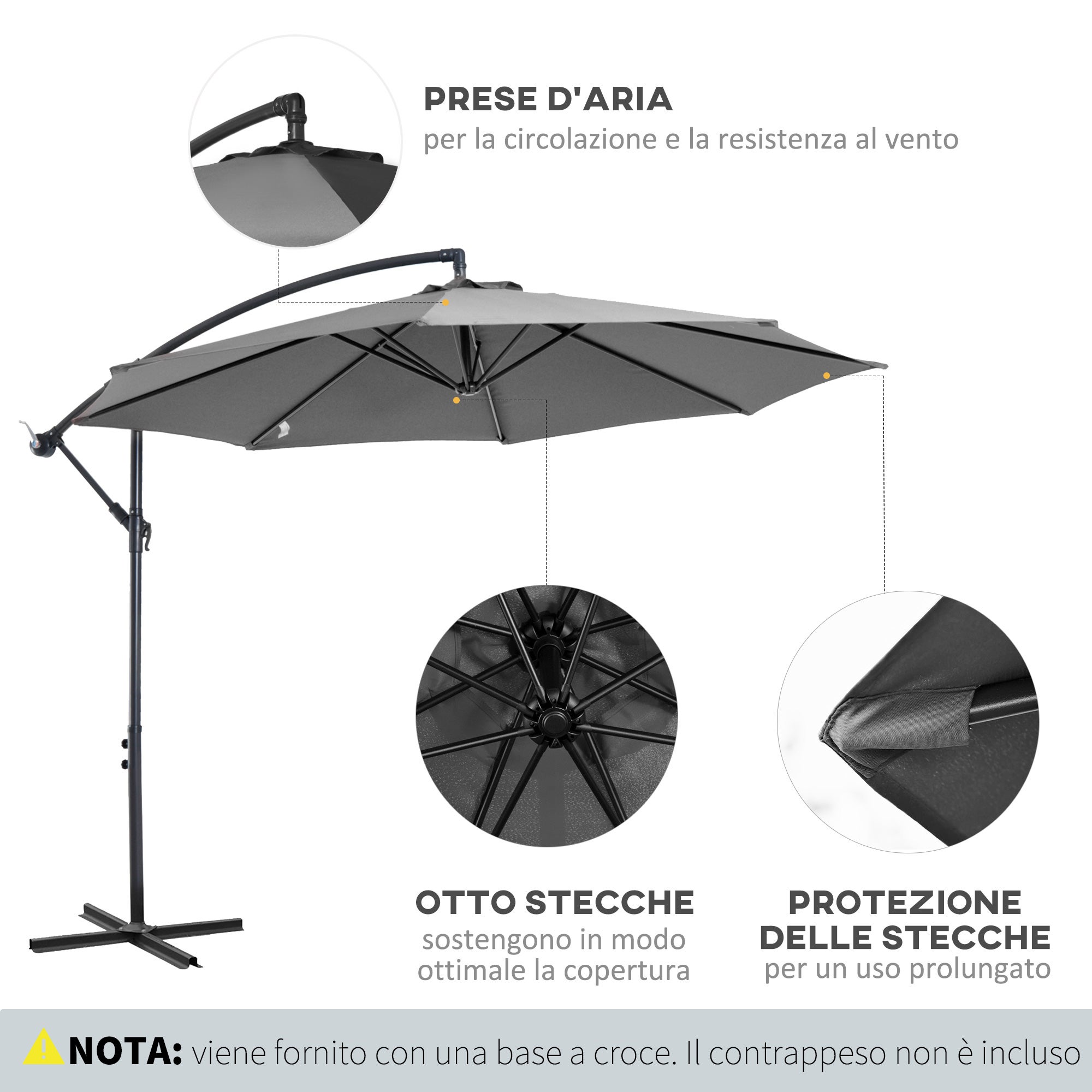 Parasol extérieur 3x2,5 m décalé avec manivelle, structure anti-UV en acier et polyester, gris - 7