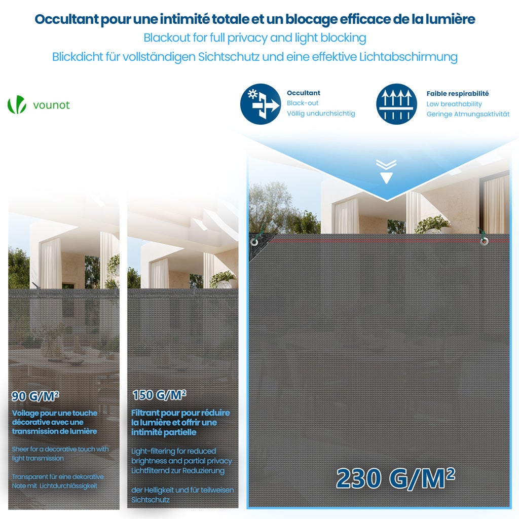 Brise vue occultant en HDPE 230g/m² 1x10m avec attaches de fixation gris VOUNOT® - 4