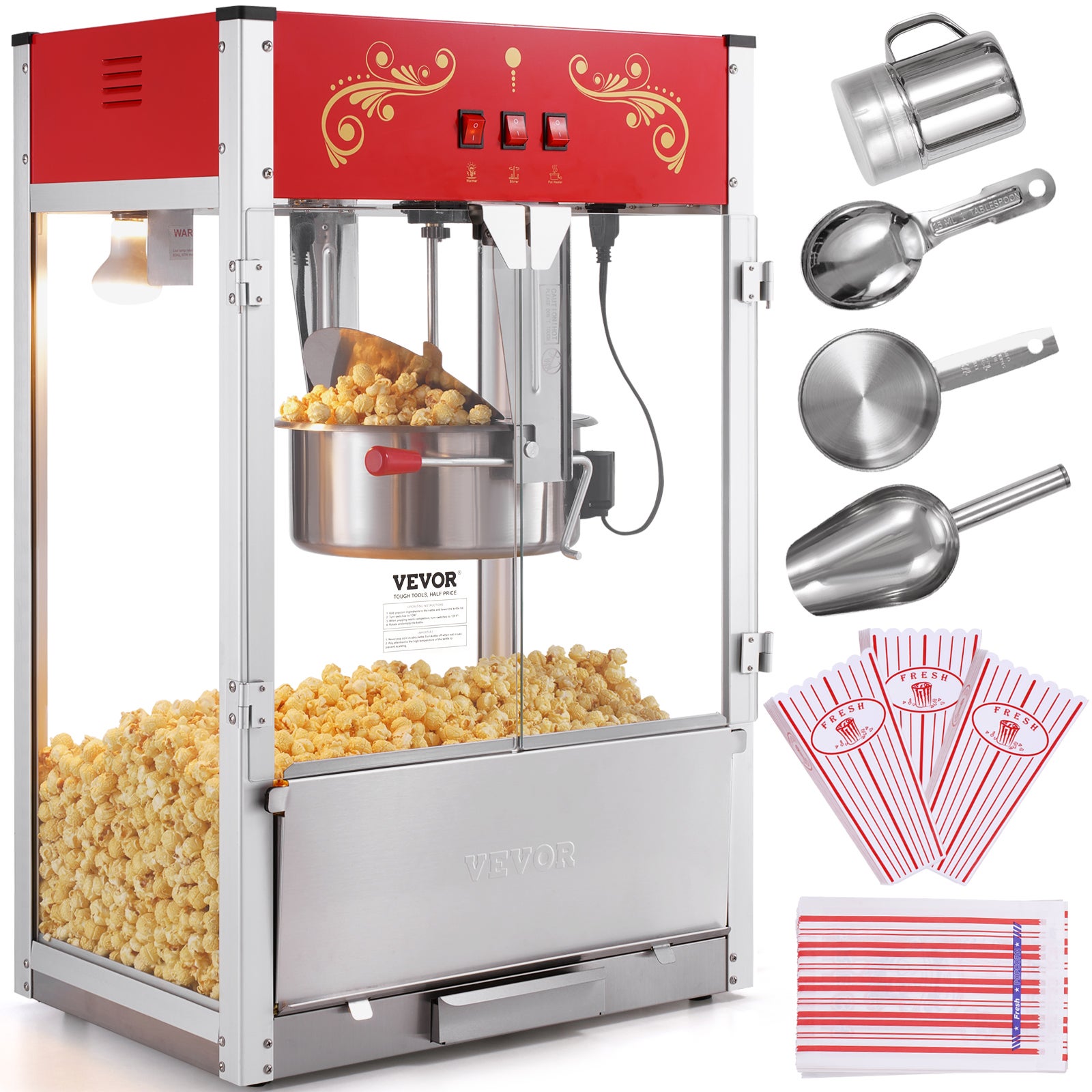 Maszyna do Popcornu VEVOR 1615 W, Garnek 454 g, Szkło Hartowane, 3 Łyżki Inox, Styl Kino, Czerwona