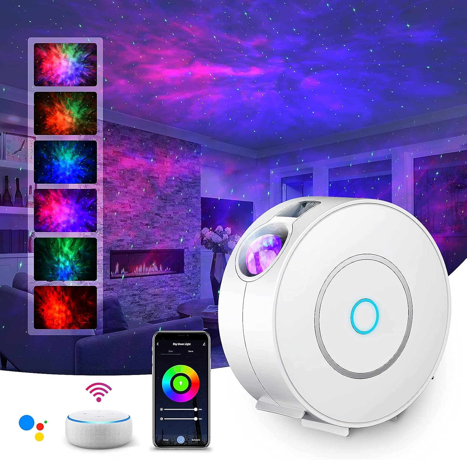 Projektor gwiazd Wifi, inteligentny projektor gwiazd galaktyki z funkcją lampki nocnej, ściemnianie/sterowanie głosowe/połączenie Wifi/timer