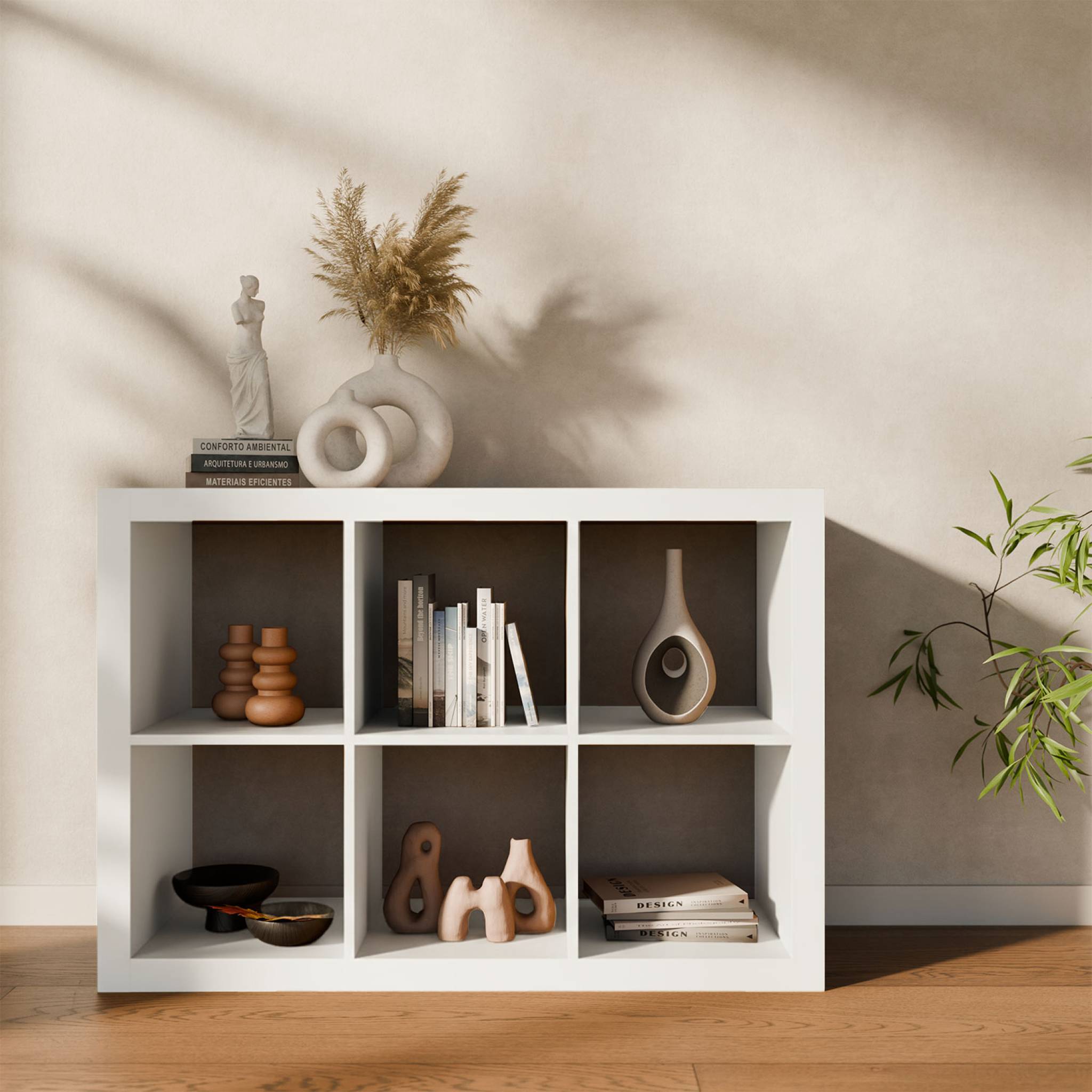 Etagère bibliothèque 2 niveaux 6 compartiments. casiers. effet bois blanc. L 111.2 x P 39 x H 76cm BASIKS - 3