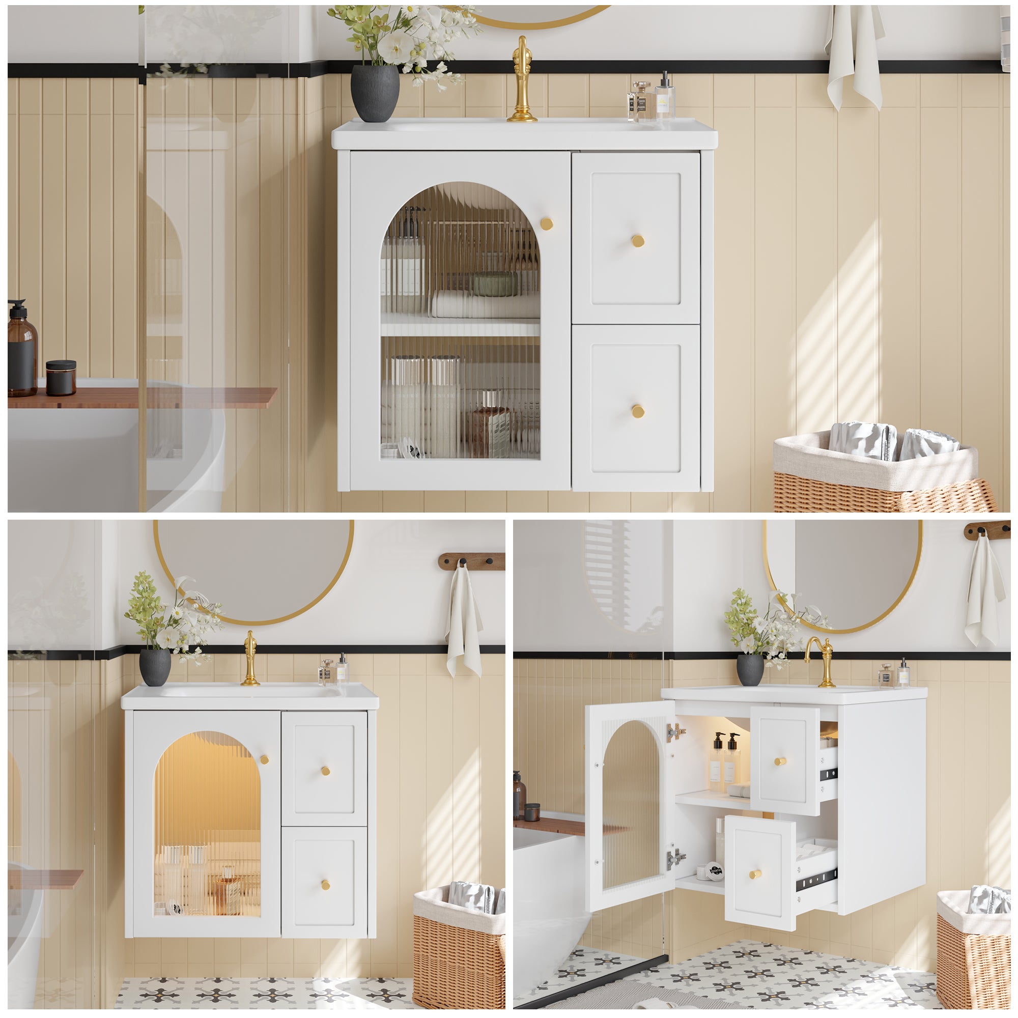 Szafka łazienkowa wisząca z pojedynczą umywalką ceramiczną - 1 drzwi szklane i 2 szuflady - 60,5 x 47,5 x 57 cm - diody LED - płyta MDF - biała