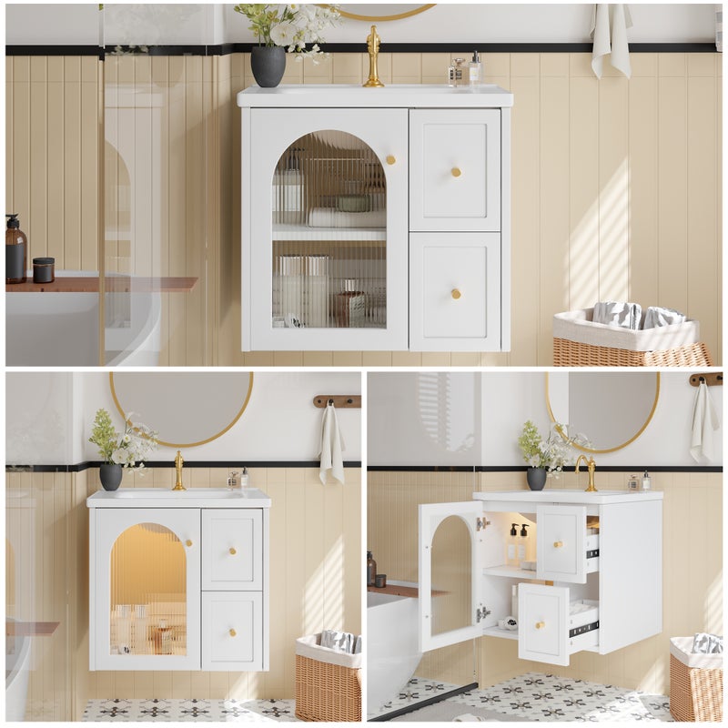 Szafka łazienkowa wisząca z pojedynczą umywalką ceramiczną - 1 drzwi szklane i 2 szuflady - 60,5 x 47,5 x 57 cm - diody LED - płyta MDF - biała