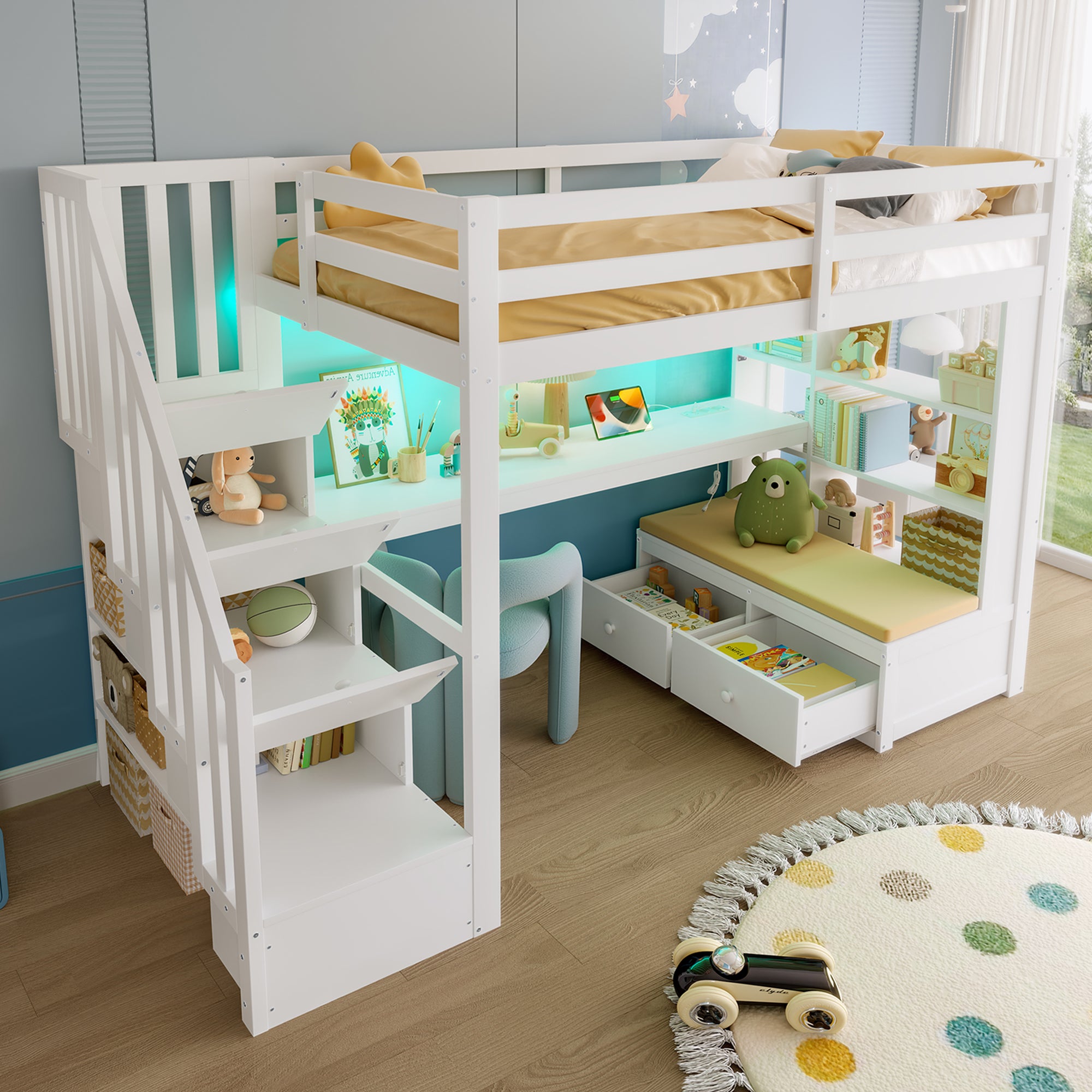 Lit Mezzanine 90x200 avec Bureau & Étagères, Lit Enfant Escalier de Rangement & 2 Tiroirs, Gain de Place Robuste pour Chambre, Épuré - Blanc - 3