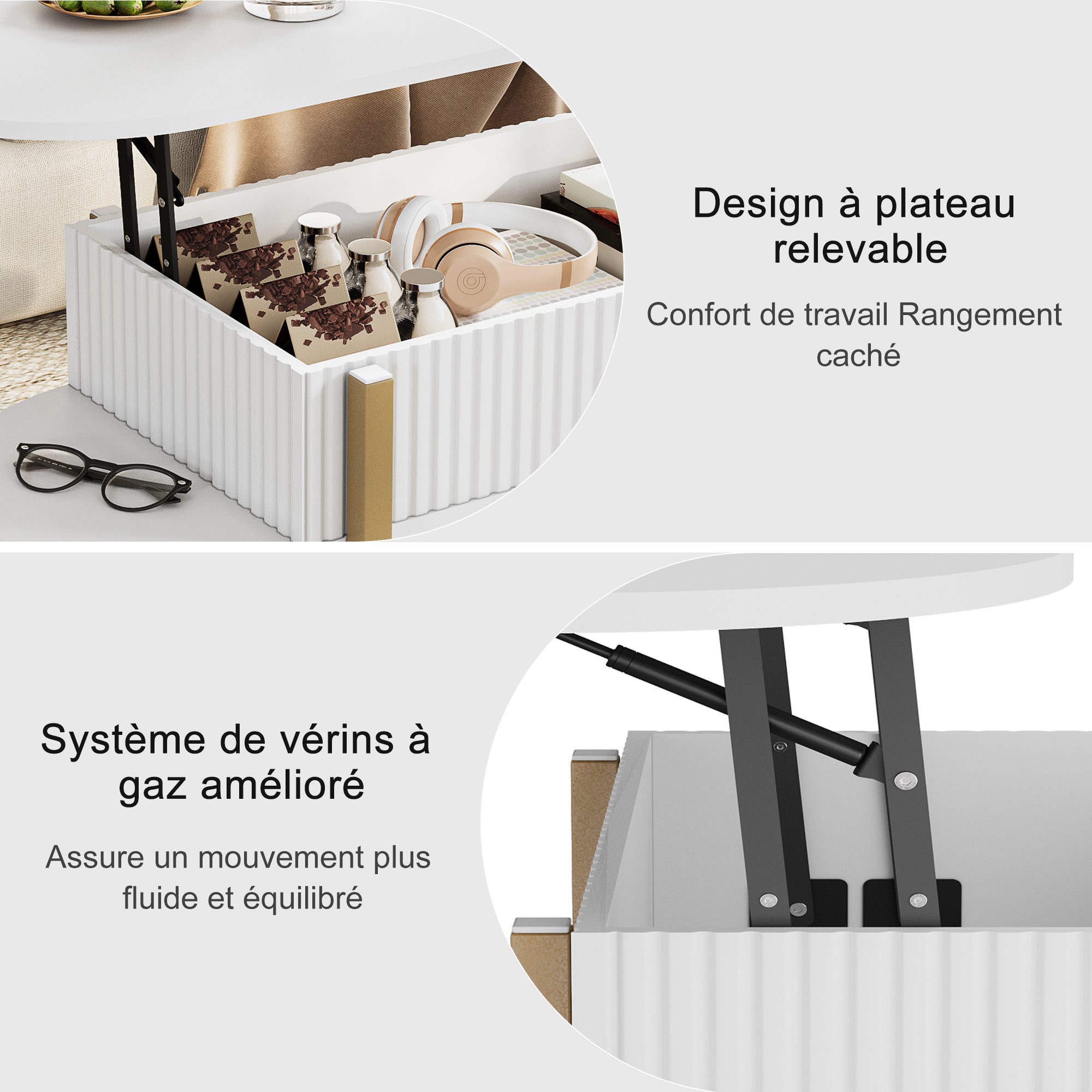 KEFSR Table Basse avec Plateau Relevable Bois MDF,Table de Salon Relevable Moderne avec Compartiment Caché et Étagère,Réglable,106x45x50cm,Blanc - 4