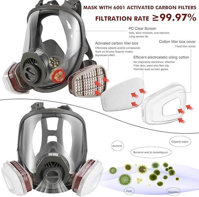 Masque respiratoire complet avec filtre à charbon actif pour la protection contre les gaz/poussières/vapeurs/brouillards chimiques (noir) - 3