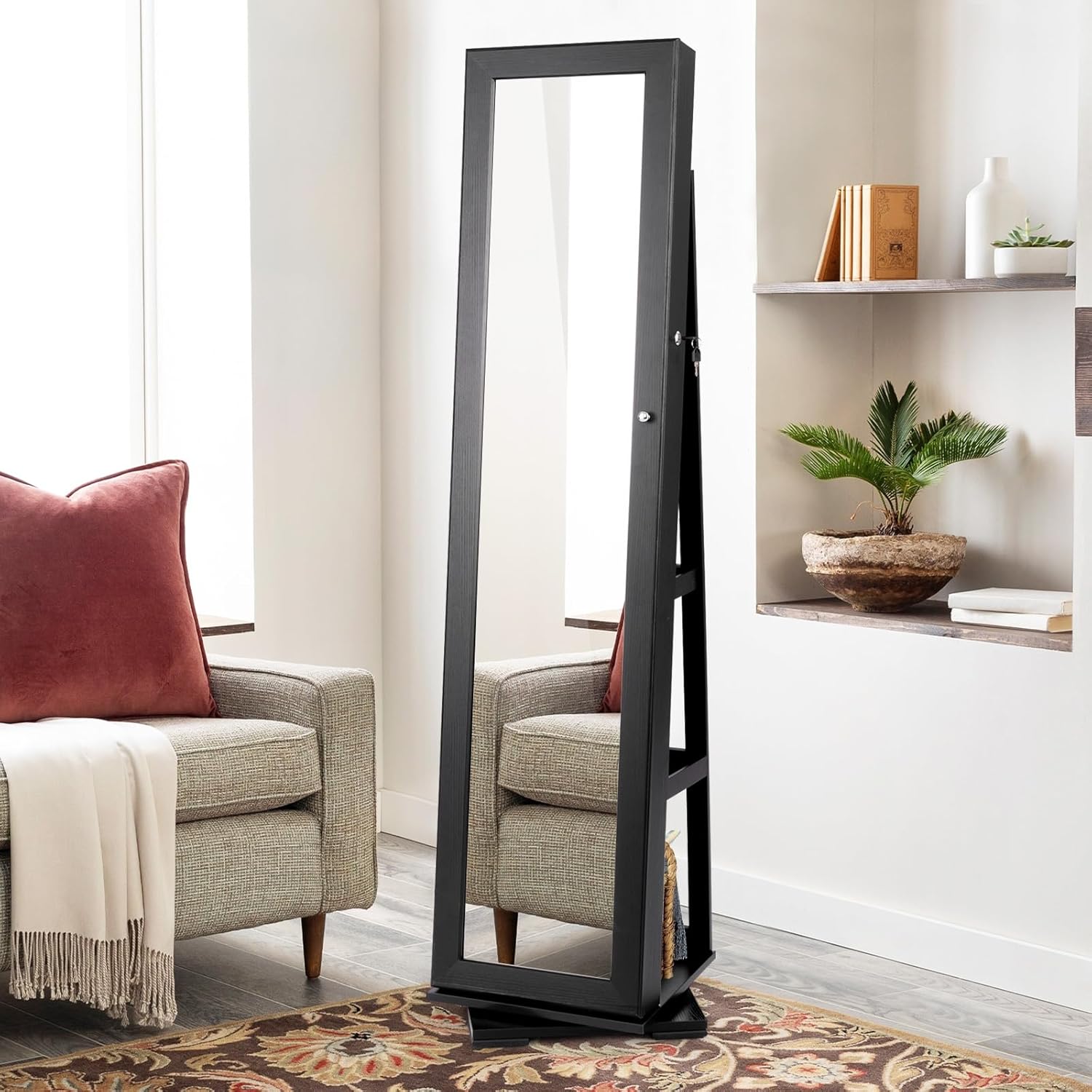 Armoire à Bijoux Pivotante à 360 Degrés sur Pieds,avec Grand Miroir Psyché et Etagère de Rangement à L’Arrière (Noir) - 4