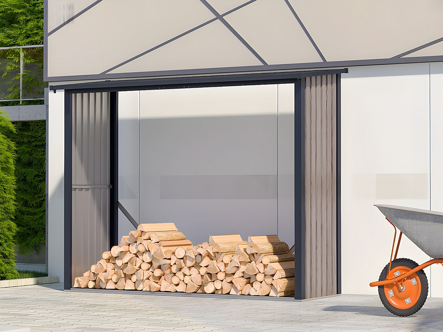 Wiata na drewno opałowe WINWOOD z metalu i stali galwanizowanej, drewnopodobna, 4,9 metra przestrzennego – 4,1 m3 – 242&nbsp;×&nbsp;89&nbsp;×&nbsp;190