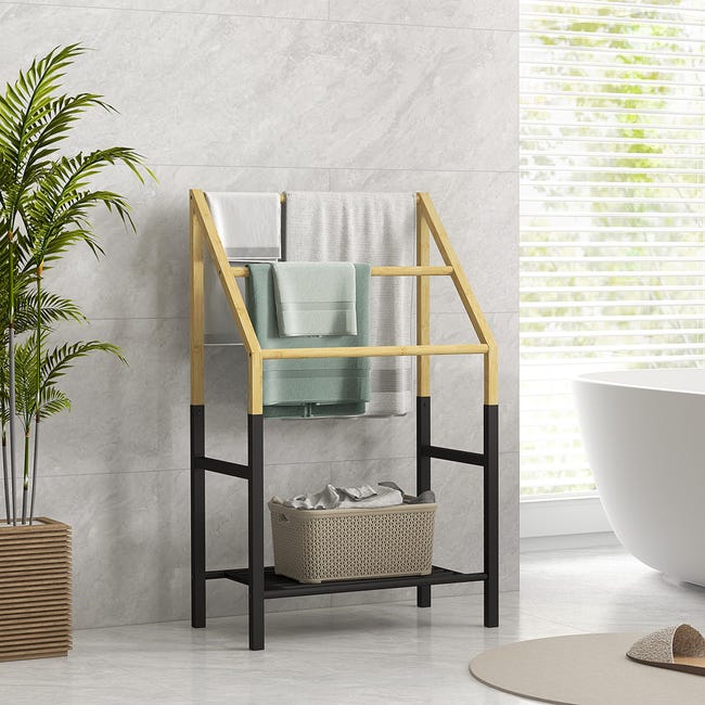 Piantana Portasciugamani Con Base In Vetro - 2 Bracci, Design Moderno, Bianco, 45x20x69 Cm - Foto 2