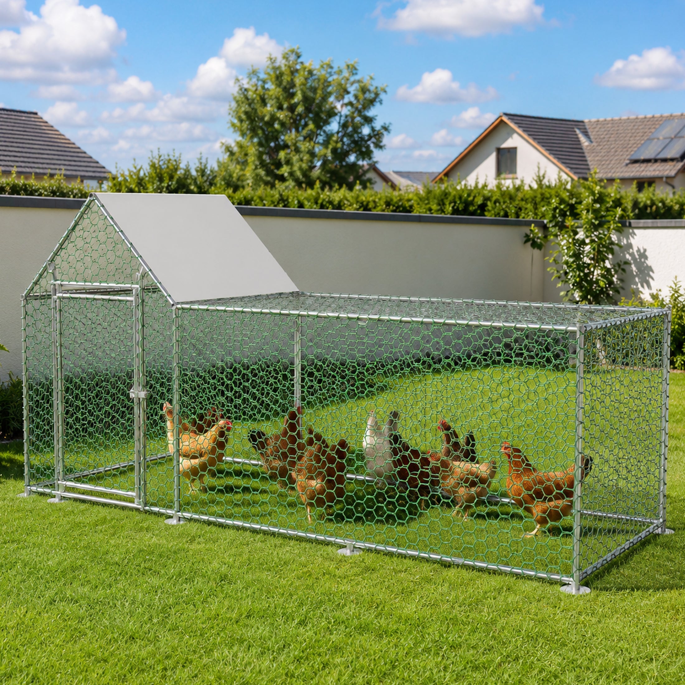 Coș de găini exterioară 3 x 1 x 1,5 m cu încuietoare de siguranță și pânză PE impermeabilă, adăpost pentru animale mici din metal pentru găini