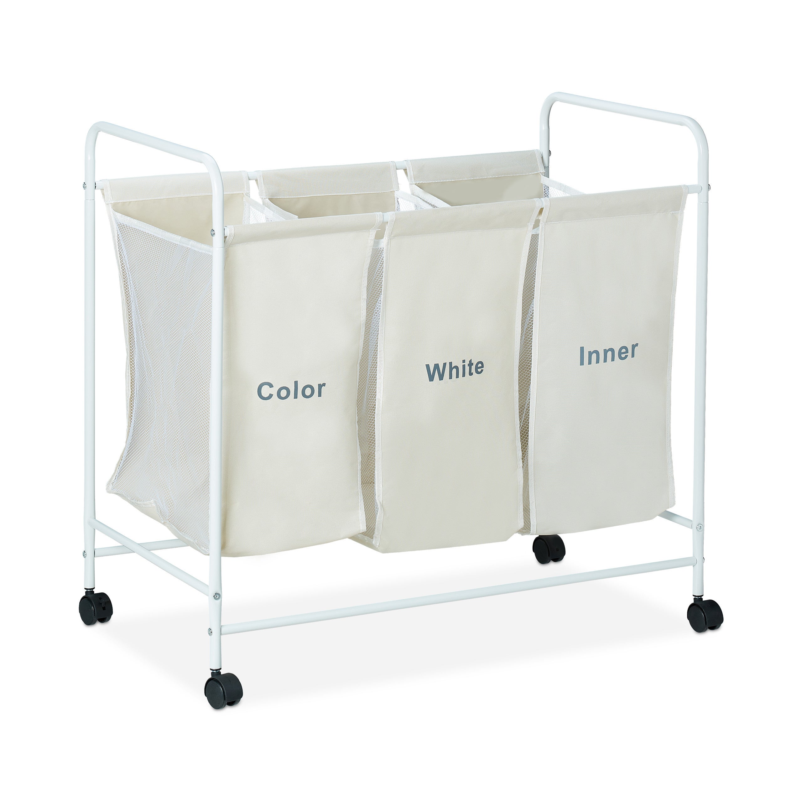 Panier à linge 3 Compartiments, 100 litres Corbeille 3 bacs Sac a Linge roulettes, 76 x 80 x 46cm, beige, Relaxdays - 9