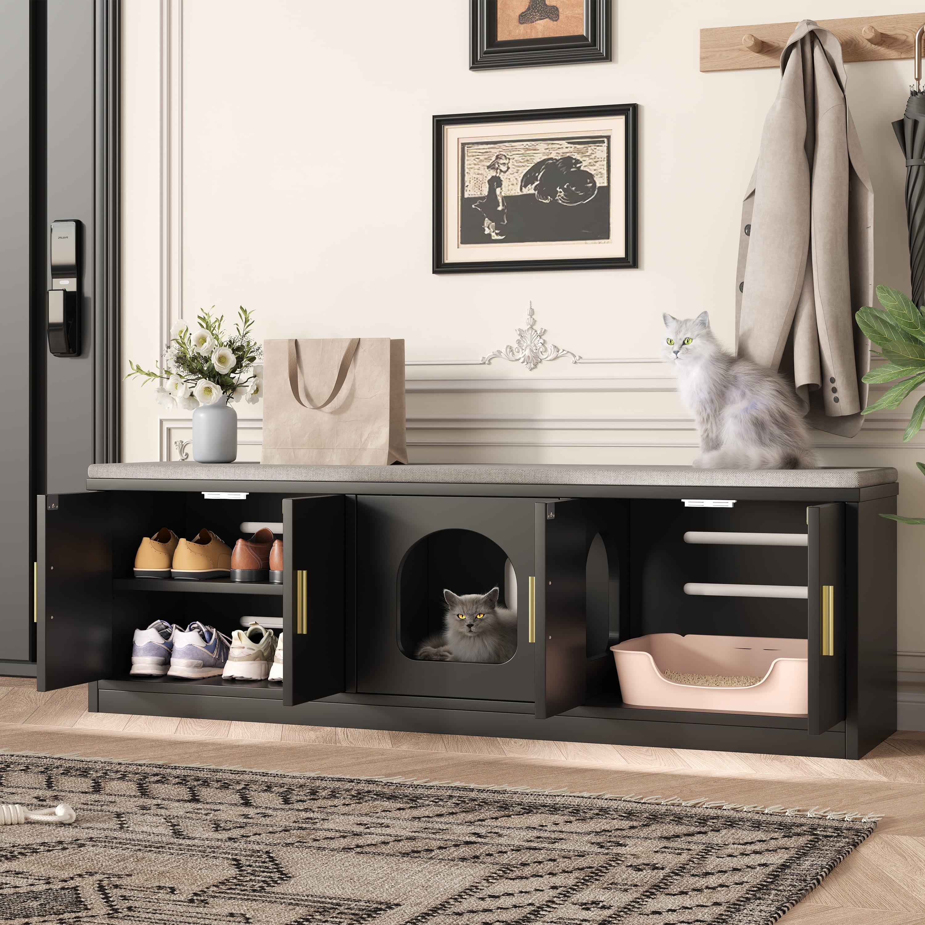 Armário para sapatos/caixa de areia para gatos - 140x40x45,5 cm - Com arranhador e ventilação - Luzes ajustáveis ​​​​- Preto - 2