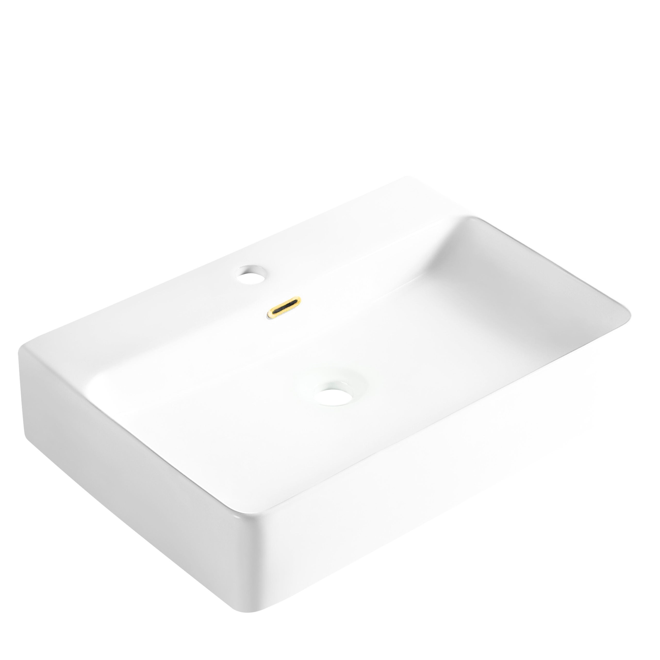 BALNEO - Umywalka nablatowa ceramiczna NERIA ze złotym prostokątnym przelewem - Nowoczesna umywalka łazienkowa