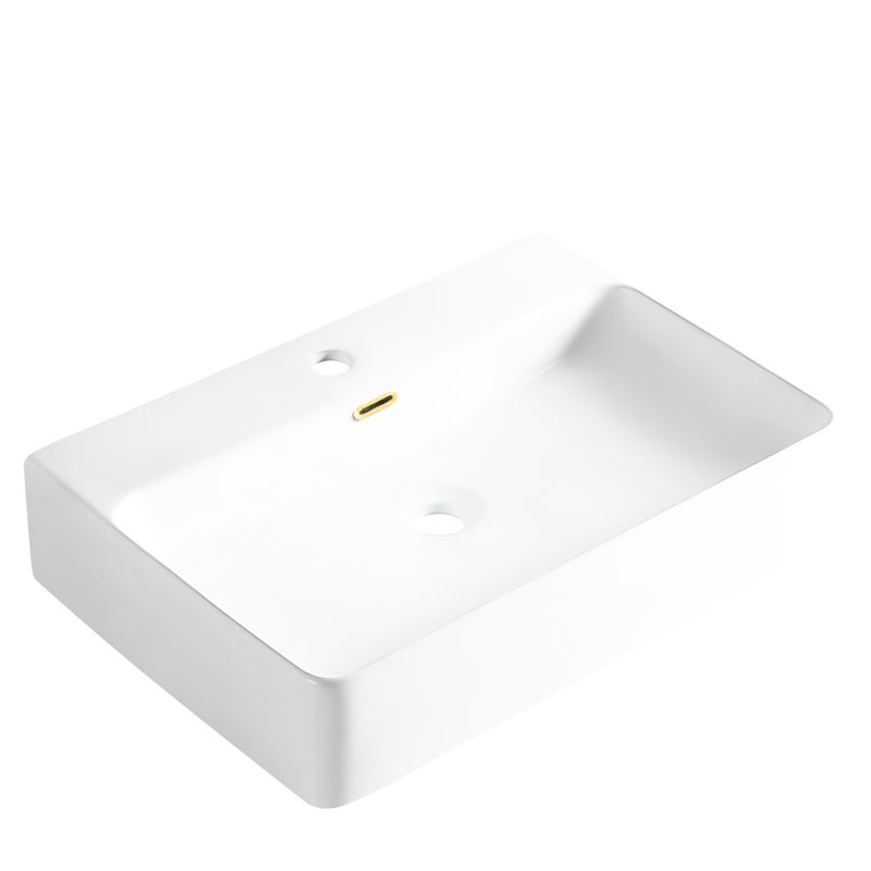 BALNEO - Umywalka nablatowa ceramiczna NERIA ze złotym prostokątnym przelewem - Nowoczesna umywalka łazienkowa