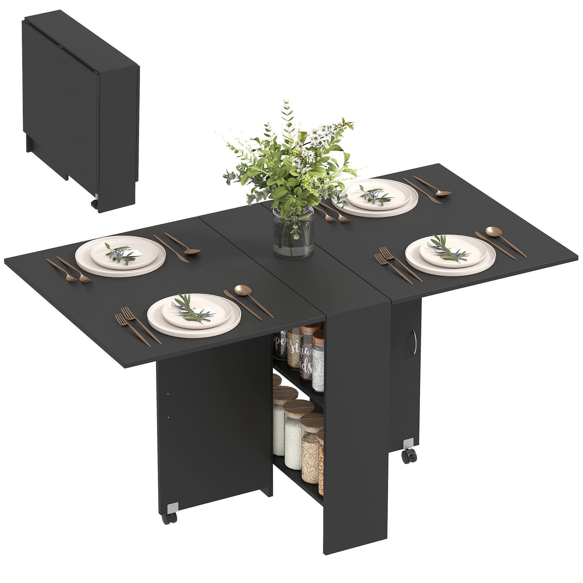 Mesa de cocina plegable con 2 ruedas 2 estantes de almacenaje y 2 alas abatibles estilo moderno 75x140x74 cm negro