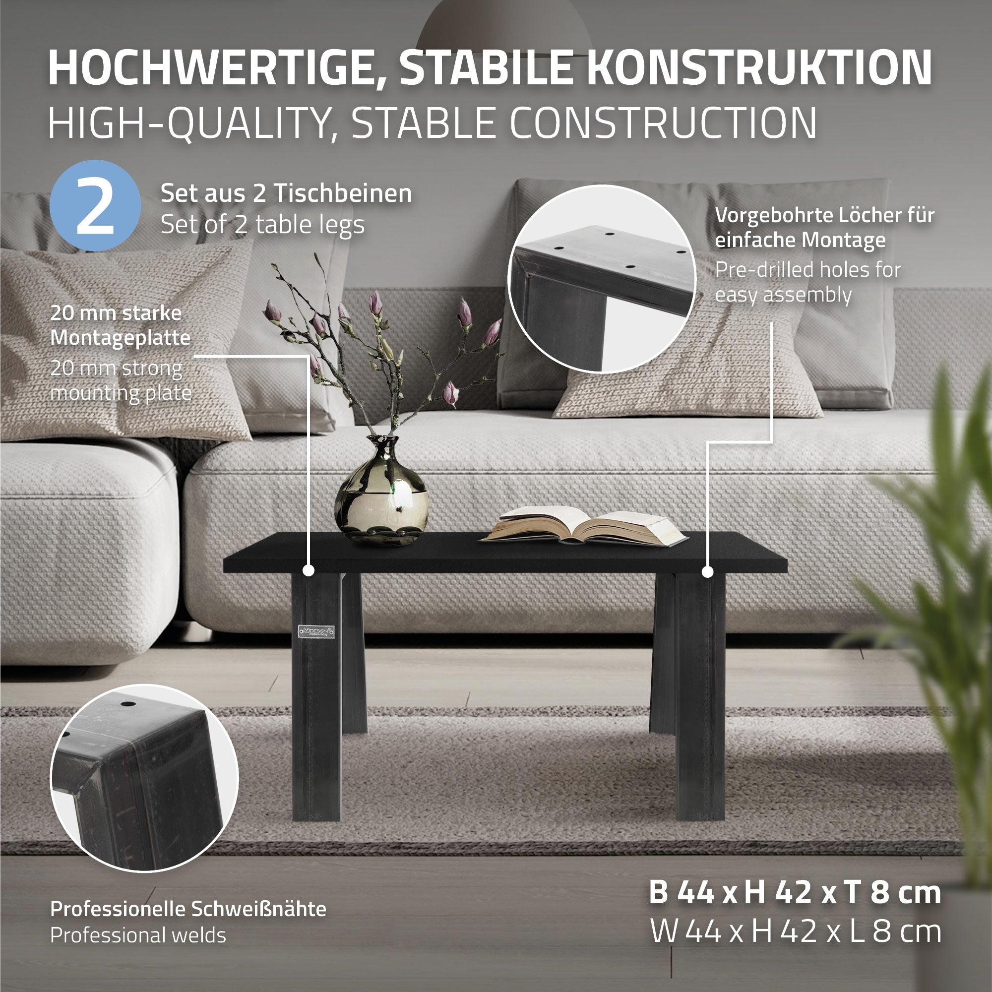 Gambe Per Tavolo In Acciaio Inclinate 96° - Set Di 4, Altezza 72 Cm, Profilo 8x8 Cm, Grigio Scuro, Portata 500 Kg