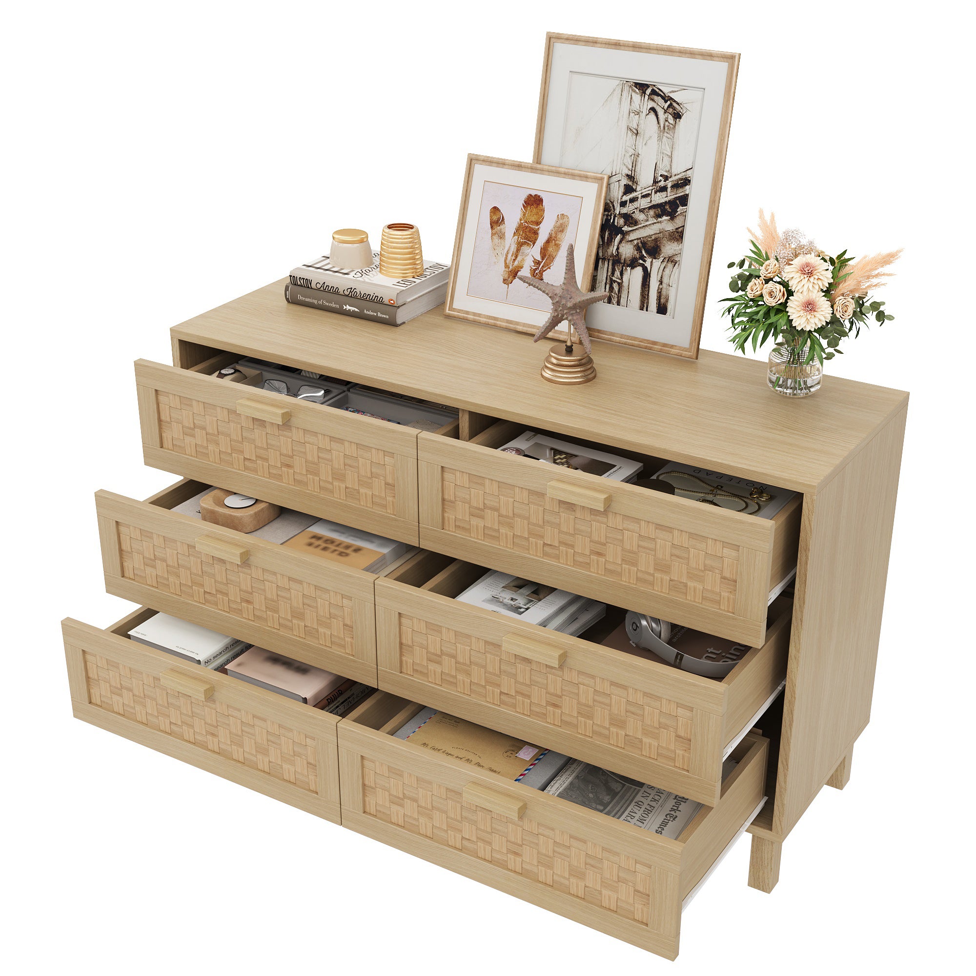 Aparador De Ratán Con 6 Cajones - Madera 130x40x75 Cm, Natural Y Negro | Cómoda Para Dormitorio, Pasillo, Almacenaje