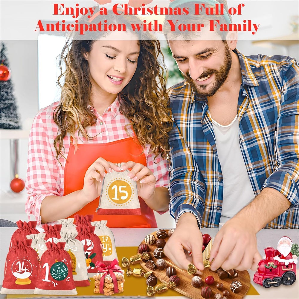 Set per il conto alla rovescia di Natale, sacchetto portaoggetti in lino con coulisse, 24 giorni, con coulisse e clip, 10 x 15 cm - 5