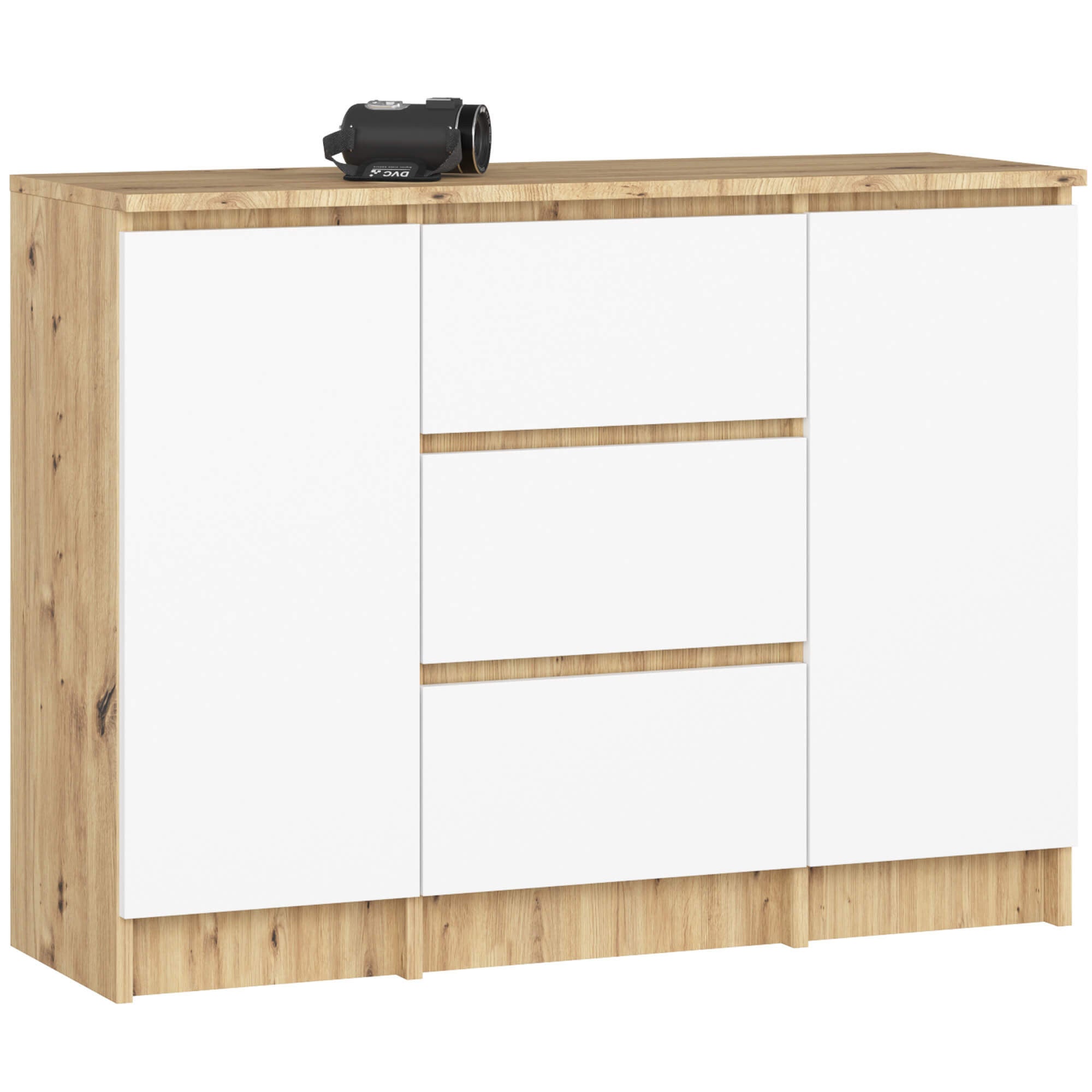 Komoda AKORD K100 kolor Dąb Artisan, Biały mat 101 cm 2 drzwi 3 szuflady 4 półki 101x35x76 cm