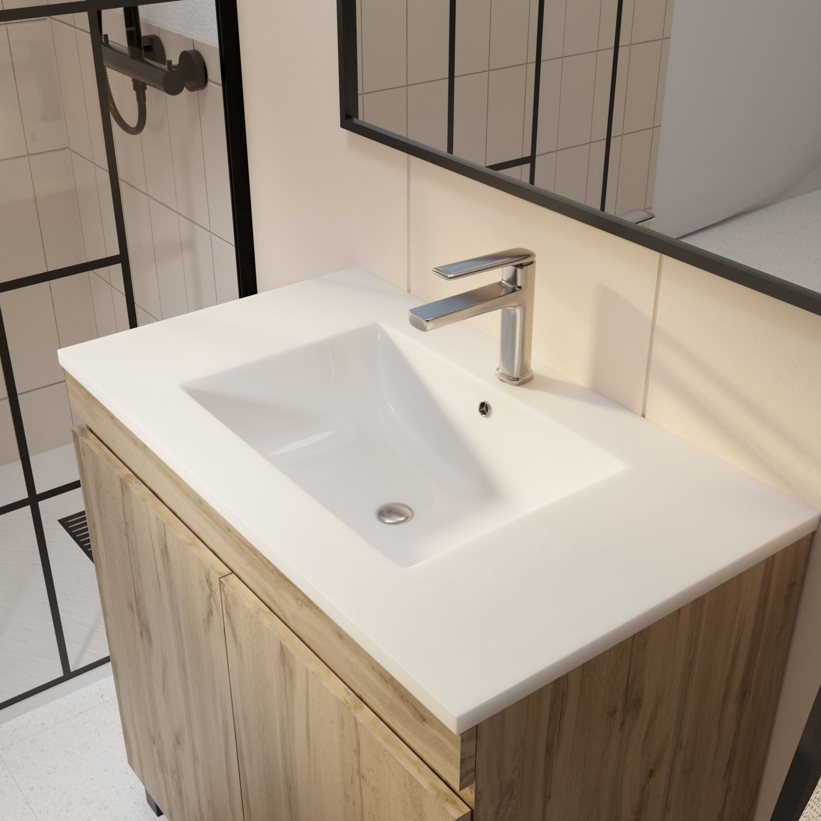 Meuble de salle de bains 80cm 2 Portes_Chêne Naturel + Vasque céramique blanche - TIMBER 80 - 8