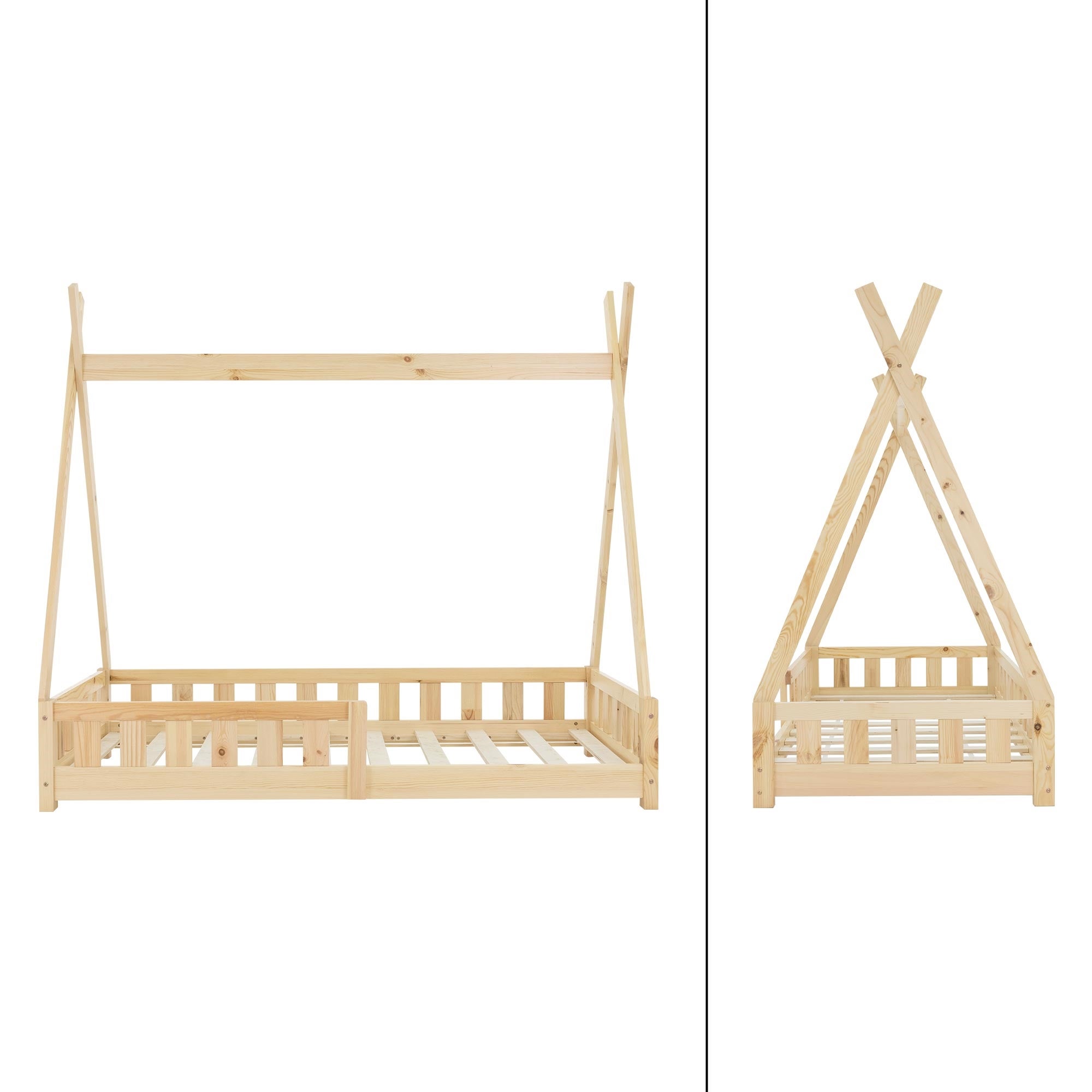 Letto tepee per bambini 80x 160 cm con sponde, rete a doghe, lettino tenda indiana da gioco in legno di pino massiccio naturale per cameretta bimbi - 2