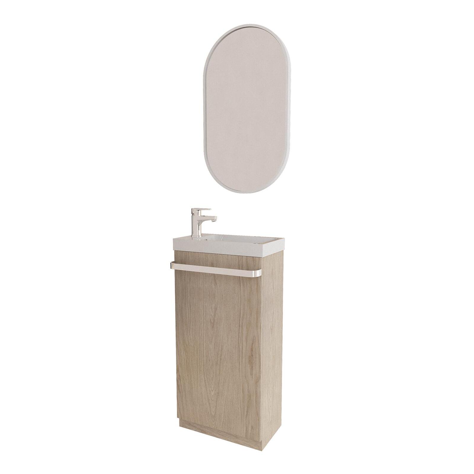 Meuble lave-mains sur pieds JOHANN décor chêne + vasque + robinet + miroir - 2