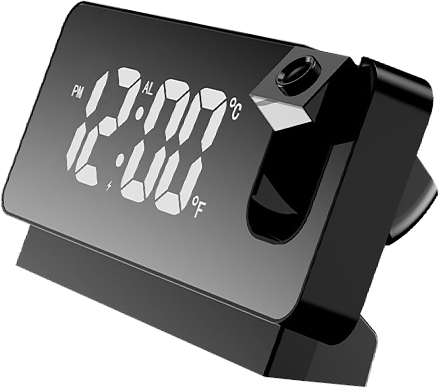 Cyfrowy budzik lustrzany z projekcją i wyświetlaczem temperatury, dużym ekranem LED, funkcją USB, czarną obudową i białym światłem.