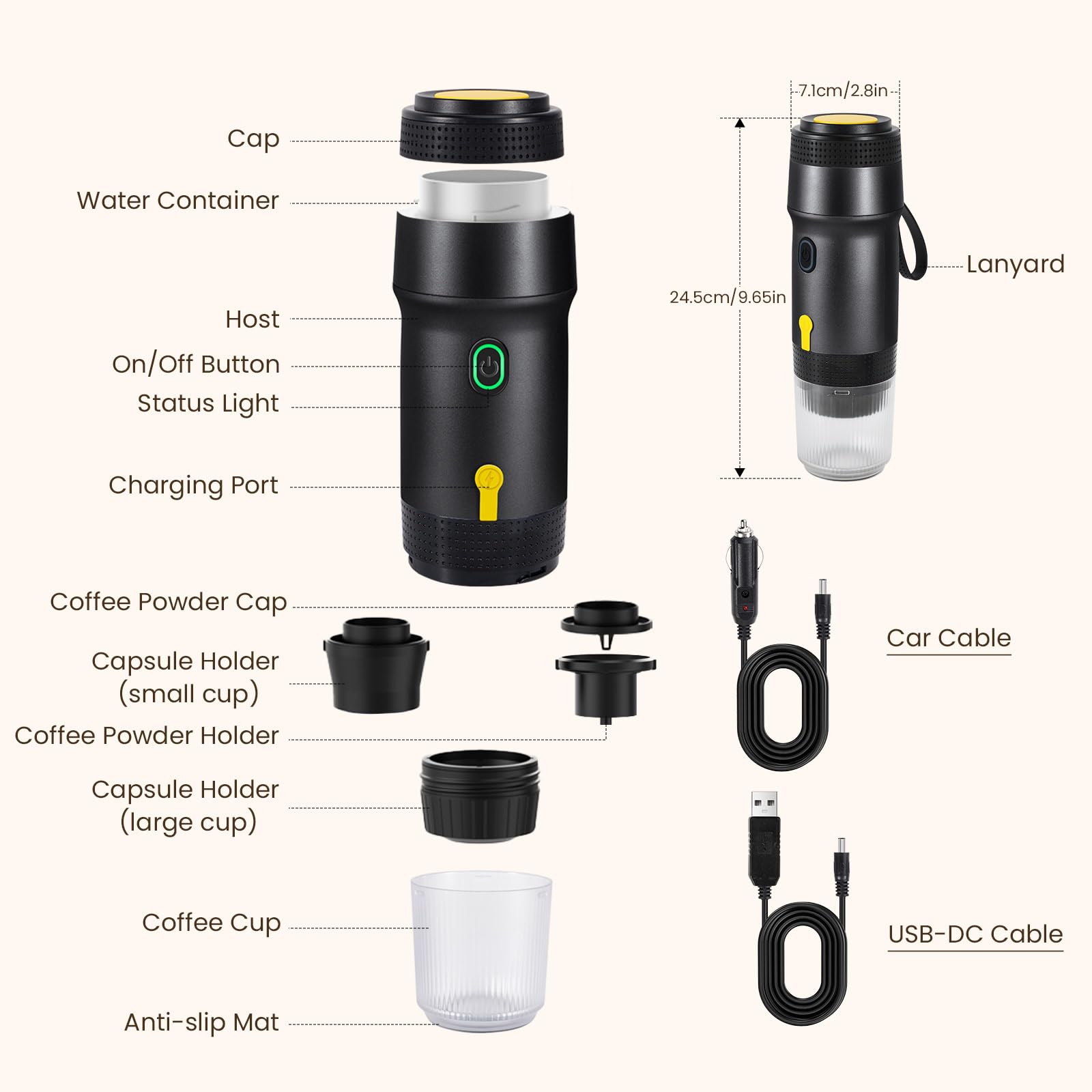 Molinillo de café manual portátil en miniatura, cafetera eléctrica de 20 bares, 3 en 1 para espresso, prensa francesa y Aeropress. - 8