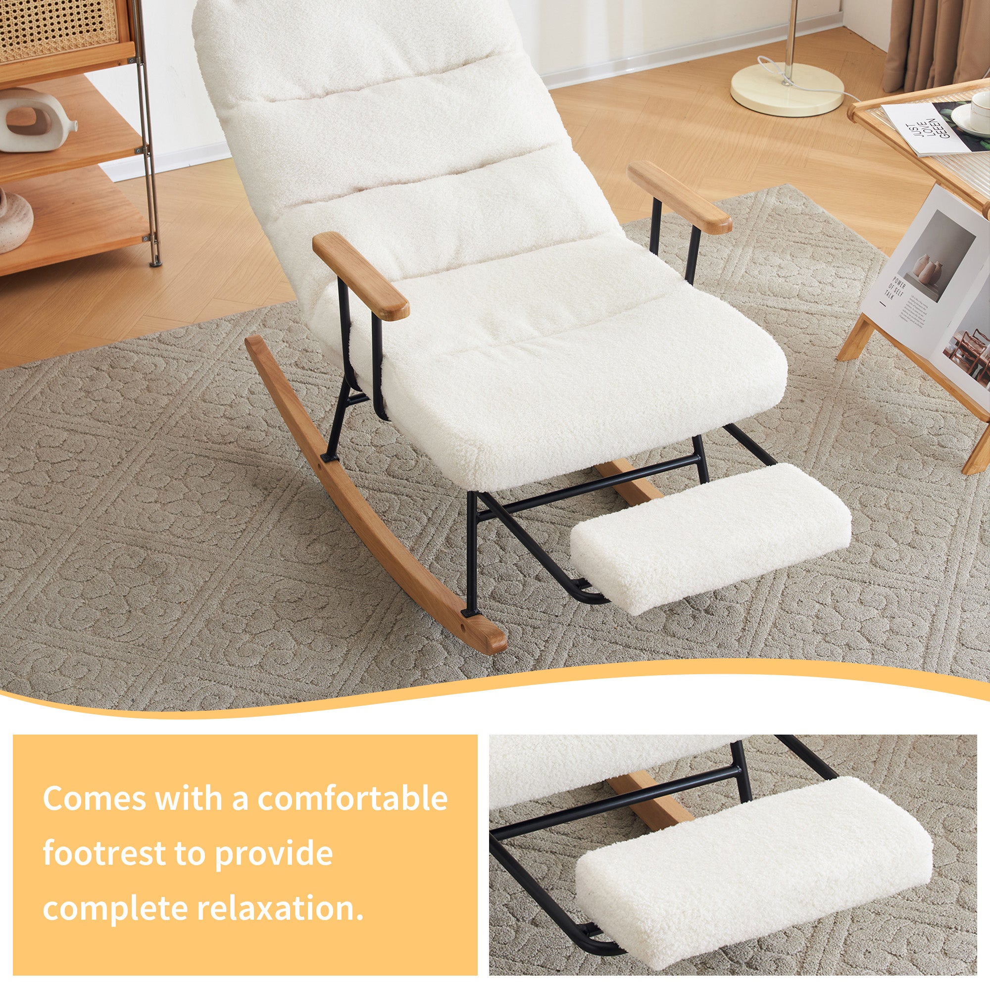 Fauteuil à bascule avec inclinaison et repose-pieds - 58 x 102 x 100 cm - Teddy-Polaire - Blanc - 6